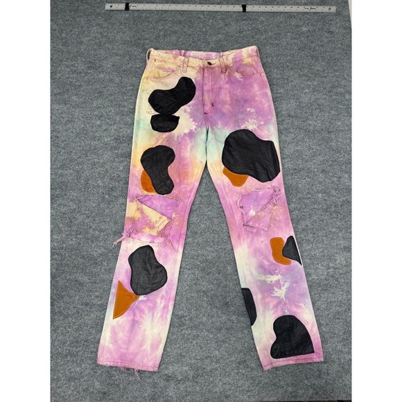 Momo Falana x Wrangler Hand Dyed Patchwork Jeans Distressed Straight Leg 32